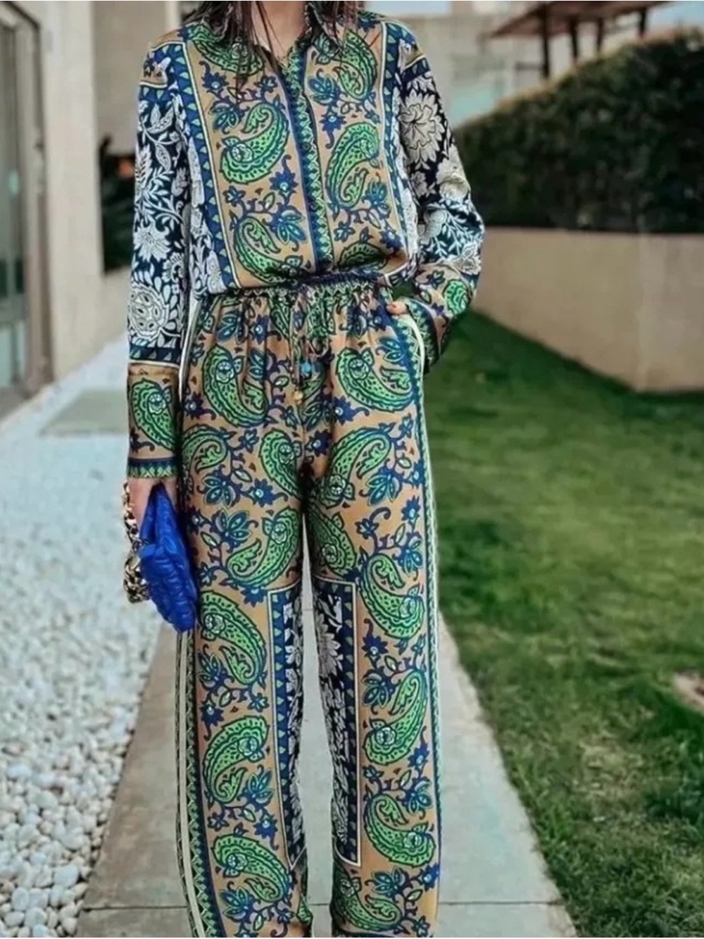 Zara Green and Gold Paisley Wide-Leg Satin Pants - Picture 7 of 8